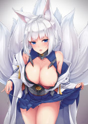1girl animal_ears areola_slip azur_lane bare_shoulders blue_eyes blush breasts breasts_out clothes_lift collar collarbone cowboy_shot fox_ears fox_tail gradient_background grey_background highres japanese_clothes kaga_(azur_lane) kimono kitsune kurofude_anna kyuubi large_breasts leaning_forward lifted_by_self long_sleeves looking_at_viewer multiple_tails nipple_slip nipples obi off_shoulder open_clothes open_kimono panties parted_lips puffy_nipples ribbon-trimmed_sleeves ribbon_trim sash short_hair side-tie_panties silver_hair skirt skirt_lift solo standing sweat tail thighs tsurime underwear undressing upskirt white_kimono white_panties wide_sleeves rating:Questionable score:43 user:danbooru