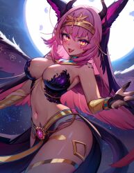  1girl animal_ears armpits backlighting bangle bare_shoulders bracelet breasts brooch circlet cleavage clickdraws collar dragon_ears dragon_girl dragon_horns dragon_tail dragon_wings fangs forked_tongue full_moon gradient_skin highres horns indie_virtual_youtuber jewelry large_breasts long_hair looking_at_viewer midriff moon multiple_horns navel open_mouth pelvic_curtain slit_pupils smile solo stomach tail thighlet thighs tongue trickywi v-shaped_eyebrows virtual_youtuber wings  rating:Sensitive score:35 user:danbooru
