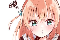  1girl :t aqua_eyes commentary crossed_bangs hair_ornament hasu_no_sora_school_uniform hinoshita_kaho link!_like!_love_live! looking_at_viewer love_live! medium_hair orange_hair portrait pout rabbit_hair_ornament ririn_(ririn_501) sailor_collar school_uniform simple_background solo squiggle two_side_up v-shaped_eyebrows virtual_youtuber white_background white_sailor_collar winter_uniform 