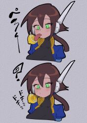  1girl ? absurdres aile_(mega_man_zx) black_bodysuit blue_jacket blush bodysuit bodysuit_under_clothes brown_hair buzzlyears covered_collarbone cropped_jacket faux_traditional_media food fruit glowing glowing_eyes green_eyes highres jacket lemon licking licking_lemon long_hair mega_man_(series) mega_man_zx mega_man_zx_advent meme multiple_views open_clothes open_jacket ponytail robot_ears upper_body white_background 