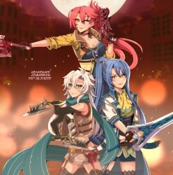  3girls absurdres artist_name azumishard bike_shorts black_gloves blue_hair breasts brown_gloves cleavage_cutout clothing_cutout coat commentary commission cropped_jacket double-parted_bangs dual_wielding eiyuu_densetsu elbow_gloves english_commentary english_text fie_claussell fingerless_gloves floating_hair gloves gun gunblade hair_between_eyes highres holding holding_gun holding_sword holding_weapon laura_s._arseid long_hair looking_at_viewer medium_breasts multiple_girls one_eye_closed pink_hair ponytail sara_valestein scarf sen_no_kiseki sen_no_kiseki_iii sidelocks small_breasts smile sword thighhighs weapon white_hair yellow_eyes 