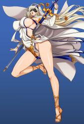  1girl absurdres black_blindfold blindfold blonde_hair breasts covered_erect_nipples full_body goblin_slayer! habit hanzaki_jirou highres holding holding_sword holding_weapon large_breasts long_hair long_legs open_mouth revealing_clothes sandals sideboob solo sword sword_maiden thighs weapon 