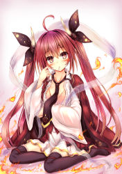 1girl black_footwear black_ribbon blush candy commentary_request date_a_live fire food food_in_mouth full_body hair_ribbon highres horn_ornament horns itsuka_kotori jacket jacket_on_shoulders kaisu lollipop long_hair necktie red_eyes red_hair red_jacket revision ribbon seiza sitting solo thighhighs twintails very_long_hair wide_sleeves rating:Sensitive score:9 user:danbooru