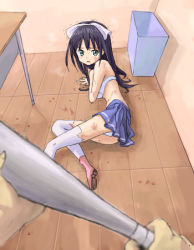 1boy 1girl abuse aged_down baseball_bat blood blue_skirt bow bra bruise crying crying_with_eyes_open desk floor green_eyes hair_bow holding indoors injury legs long_hair looking_at_viewer lowres lying male_hand mara_(ryonaing) midriff navel on_floor on_side panties pov purple_hair ryona shadow skirt tears thighhighs torn_clothes trash_can trembling underwear wall white_bow white_bra white_panties white_thighhighs rating:Questionable score:121 user:Anti_Gendou