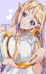  1girl absurdres blonde_hair blue_eyes blush closed_mouth commentary_request dress fingernails hanaberin harp head_tilt highres holding holding_instrument instrument long_hair looking_at_viewer nintendo pointy_ears princess_zelda purple_background simple_background smile solo the_legend_of_zelda the_legend_of_zelda:_skyward_sword twitter_username white_dress 