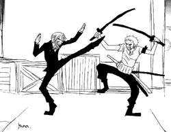 2boys angry animated animated_gif fighting formal haramaki kicking lowres male_focus monochrome multiple_boys one_piece roronoa_zoro sanji_(one_piece) suit sword weapon rating:Sensitive score:17 user:yaoilover