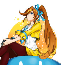  1girl ace_attorney athena_cykes blue_eyes blue_necktie bow brown_hair brown_pantyhose capcom crescent crescent_earrings cropped_jacket earrings gloves hair_bow hairband jewelry long_hair mikami necklace necktie pantyhose phoenix_wright:_ace_attorney_-_dual_destinies ponytail single_earring single_glove sitting skirt solo yellow_skirt  rating:Sensitive score:39 user:danbooru