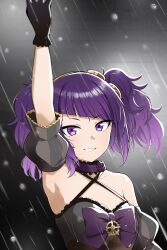  1girl arm_up armpits barkhorn0331 black_gloves blunt_bangs bow choker commentary_request criss-cross_halter detached_sleeves gloves grin halterneck highres idolmaster idolmaster_shiny_colors looking_at_viewer medium_hair puffy_short_sleeves puffy_sleeves purple_bow purple_choker purple_eyes purple_hair rain short_sleeves smile solo tanaka_mamimi twintails upper_body 