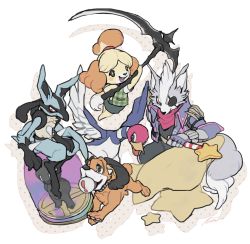  ! 1girl 2boys animal_crossing animal_ears arm_up assist_trophy bad_id bad_twitter_id bandana barefoot bird black_eyes black_pants black_shirt blonde_hair blue_skirt blush_stickers buck_teeth closed_mouth creatures_(company) dog dog_(duck_hunt) dog_ears dog_girl dog_tail drop_shadow duck duck_(duck_hunt) duck_hunt eyepatch fingerless_gloves flat_chest full_body furry game_freak gen_4_pokemon gloves green_vest hair_tie hand_up highres holding holding_weapon huge_weapon isabelle_(animal_crossing) jacket jumping kanami33 kirby_(series) looking_at_viewer lucario miniskirt multiple_boys nintendo open_mouth pants pencil_skirt pink_bandana pink_neckwear plaid plaid_vest pokemon pokemon_(creature) purple_gloves purple_jacket red_eyes running shirt short_hair short_sleeves simple_background sitting skirt smile star_(symbol) star_fox star_rod super_smash_bros. tail teeth topknot two-handed vest weapon white_background white_shirt wolf_ears wolf_o&#039;donnell wolf_tail  rating:General score:1 user:AngryZapdos