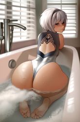 1girl 2b_(nier:automata) absurdres ass back_cutout barefoot bath bathtub blue_eyes blush breasts bubble clothing_cutout feet female_focus hairband heattech_leotard highres huge_ass kairunoburogu leotard looking_at_viewer looking_back nier:automata nier_(series) partially_submerged sitting small_breasts smile soles solo thick_thighs thighs toes turtleneck wariza water wet white_hair wide_hips window window_blinds rating:Questionable score:312 user:TDogarooski