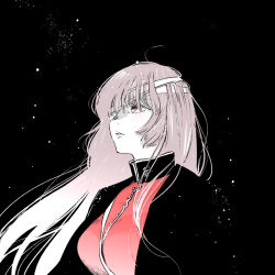  1girl bandage_over_one_eye bandaged_head bandages black_background black_coat breasts coat commentary fate/grand_order fate_(series) florence_nightingale_(fate) florence_nightingale_(third_ascension)_(fate) gradient_hair jacket large_breasts long_hair looking_afar looking_up multicolored_hair nobicco one_eye_covered parted_lips pink_eyes pink_hair red_jacket solo upper_body white_hair 