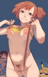  1girl anal_hair aqua_eyes armpit_hair asymmetrical_hair bar_censor bare_arms bare_shoulders blouse breasts brock_(pokemon) censored creatures_(company) curvy female_pubic_hair game_freak gen_1_pokemon gluteal_fold green_eyes highres looking_at_viewer medium_breasts misty_(pokemon) navel niko_(toitoi210) nintendo nipples onix orange_hair petite pikachu poke_ball pokemon pokemon_(anime) pokemon_(classic_anime) ponytail presenting pubic_hair pussy shirt short_hair short_ponytail side_ponytail simple_background sleeveless smile solo standing suspenders tank_top thighs yellow_shirt 