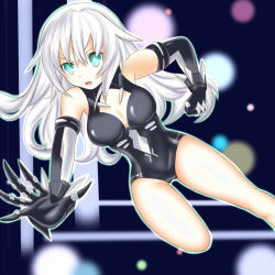 &gt;:o 10s 1girl :o aqua_eyes armpits bare_shoulders black_heart_(neptunia) blurry bodysuit breasts cleavage cleavage_cutout clothing_cutout depth_of_field dutch_angle elbow_gloves female_focus gauntlets gloves green_eyes gust hip_focus jumping leotard long_hair looking_at_viewer magical_girl neptune_(series) nippon_ichi noire_(neptunia) open_mouth outline outstretched_arm power_symbol power_symbol-shaped_pupils sega solo symbol-shaped_pupils thighs toffee_(ikume) v-shaped_eyebrows wavy_hair white_hair