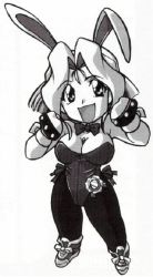  1990s_(style) 1girl animal_ears breasts chibi curvy erilin_goldsmith fake_animal_ears greyscale large_breasts leotard monochrome official_art playboy_bunny rabbit_ears retro_artstyle shoes sneakers solo thick_thighs thighs variable_geo  rating:Sensitive score:3 user:gilster-nsfw