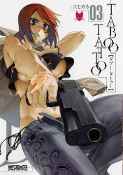  1girl breasts green_eyes gun large_breasts lisa_lovelock looking_at_viewer taboo_tattoo tagme underboob weapon  rating:Questionable score:25 user:Baltan5777783