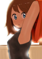  1girl :o black_shirt blue_eyes blurry blush brown_hair commentary_request covered_erect_nipples creatures_(company) eyelashes from_side game_freak heppushu looking_at_viewer looking_to_the_side may_(pokemon) medium_hair nintendo pokemon pokemon_oras shirt sleeveless sleeveless_shirt solo sweatdrop upper_body 