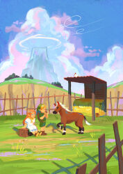  1boy 1girl absurdres beamed_eighth_notes belt bird blonde_hair blue_eyes brown_footwear bucket chicken closed_eyes cloud crate day demonyawa dress epona fence grass green_hat hat hay_bale highres horse instrument link malon mountain music musical_note nintendo orange_hair outdoors pitchfork playing_instrument pointy_ears procreate_(medium) shadow sitting the_legend_of_zelda white_dress wind young_link 