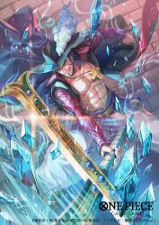  1boy attack bisaiiiii coat commentary copyright_name cross_pendant dracule_mihawk english_commentary facial_hair hat_feather holding holding_sword holding_weapon ice long_coat long_sleeves looking_ahead male_focus muscular muscular_male mustache official_art one_piece one_piece_card_game short_hair solo sword weapon 
