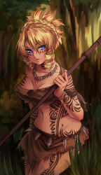 00s 1girl armband bare_shoulders blonde_hair blue_eyes braid breasts cleavage drill_hair french_braid full-body_tattoo jewelry jungle loincloth long_hair midriff monorus nature navel necklace no_panties pacifica_casull polearm scrapped_princess short_hair solo spear tattoo tooth_necklace tribal tribal_tattoo updo weapon rating:Sensitive score:81 user:danbooru