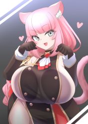  :d against_glass animal_ear_fluff animal_ears black_gloves black_sleeves blunt_bangs breast_press breasts cat_ears cat_girl cat_tail cowboy_shot fang gloves grey_eyes head_tilt heart huge_breasts long_hair long_sleeves looking_at_viewer magure_senshi open_mouth paw_pose pink_hair smile standing tail uniform virtual_youtuber 