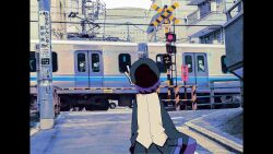  1girl arms_at_sides beret black_hat black_shirt black_skirt black_thighhighs brown_vest building city cowboy_shot day facing_away floating_hair from_behind hat highres kajuu_(maimai_maimaa) long_sleeves looking_to_the_side outdoors overhead_line photo_background pillarboxed pleated_skirt purple_hair railroad_crossing rem_(utau) robot_ears shibuya_(tokyo) shirt short_hair skirt sleeves_past_fingers sleeves_past_wrists solo standing thighhighs tokyo_(city) train tree utane_uta utau utility_pole vest yoyogi 