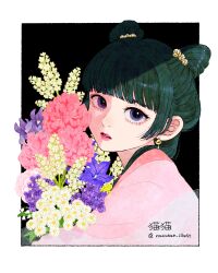  1girl absurdres blue_eyes blue_flower blush bouquet chinese_clothes double_bun earrings eyelashes flower from_side green_hair hair_bun hair_flower hair_ornament hair_over_shoulder half_updo hanfu hashtag-only_commentary highres jacket jewelry kusuriya_no_hitorigoto long_hair looking_at_viewer looking_to_the_side maomao_(kusuriya_no_hitorigoto) nacchun official_alternate_costume official_alternate_hairstyle outside_border parted_lips pink_flower pink_jacket pink_lips pink_shawl purple_flower red_flower shawl solo upper_body white_flower yellow_flower 