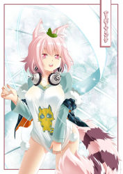  1girl :d animal_ears breasts fusion futatsuiwa_mamizou headphones large_breasts leaf leaf_on_head long_hair looking_at_viewer lucrecia nitroplus no_panties no_pants object_on_head open_mouth pink_eyes pink_hair raccoon_ears raccoon_tail raynart short_hair smile solo super_sonico tail tanuki touhou translation_request 
