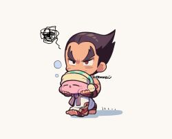  1boy black_hair blush_stickers chibi chibi_only commentary crossover facial_scar full_body grey_background heterochromia holding kirby kirby_(series) kotorai male_focus martial_arts_belt mishima_kazuya nintendo no_nose pants red_eyes scar scar_on_arm scar_on_cheek scar_on_face sideburns spoken_squiggle squeans squiggle symbol-only_commentary tekken thick_eyebrows v-shaped_eyebrows walking white_pants 