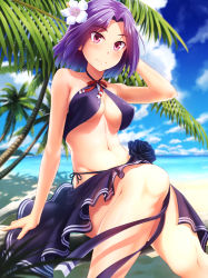 10s 1girl arm_at_side arm_support bare_shoulders beach bikini black_flower black_rose blue_sky blurry blush bow breasts cleavage closed_mouth cloud covered_erect_nipples day depth_of_field eyebrows flower groin hair_ornament hand_on_own_head hibiscus in_tree kantai_collection looking_at_viewer md5_mismatch medium_breasts mole mole_under_eye motomatu navel ocean outdoors palm_tree parted_bangs pink_eyes purple_bikini purple_eyes purple_hair red_bow red_ribbon ribbon rose sand sarong shade short_hair side-tie_bikini_bottom sitting sky solo stomach summer swimsuit tatsuta_(kancolle) tree tree_shade tropical underboob white_flower rating:Questionable score:15 user:danbooru