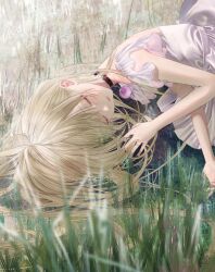  1girl black_nails blonde_hair brooch closed_eyes commentary day dress grass highres jewelry light_smile long_hair lying msa_(fary_white) on_side original outdoors phalaenopsis_(msa_(fary_white)) ring sleeping solo upper_body white_dress 