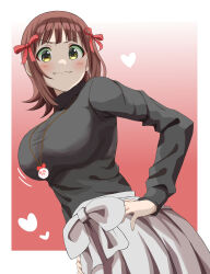  1girl amami_haruka black_shirt bow breasts brown_hair closed_mouth cowboy_shot dot_nose doyagao gradient_background green_eyes grid_background hair_ribbon hand_on_own_hip haruki_(haruki678) heart heart_background highres idolmaster idolmaster_(classic) idolmaster_million_live! idolmaster_million_live!_theater_days jewelry long_sleeves looking_at_viewer medium_breasts motion_lines necklace nonowa outside_border red_background red_ribbon ribbon shirt short_hair skirt smile smug solo turtleneck v-shaped_eyebrows waist_bow white_bow white_skirt 