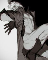  1boy abs coat covered_eyes dante_(devil_may_cry) devil_may_cry_(series) devil_may_cry_5 facial_hair fingerless_gloves gloves greyscale hair_over_eyes holding lips male_focus mature_male monochrome muscular muscular_male navel nose nude parted_lips pectorals photorealistic rae_(offrecord) realistic sketch solo solo_focus spot_color 