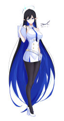 1girl :3 absurdly_long_hair bare_arms bare_shoulders belt black_hair black_pantyhose blue_archive blue_eyes blue_hair breasts buttons closed_mouth collared_dress double-breasted dress earrings full_body glasses gloves halo hand_up high_heels highres holding jewelry large_breasts long_hair looking_at_viewer multicolored_hair necktie pantyhose pointy_ears rimless_eyewear rin_(blue_archive) sidelocks sleeveless sleeveless_dress smile solo standing two-tone_hair unel very_long_hair white_dress white_footwear white_gloves rating:Sensitive score:17 user:danbooru