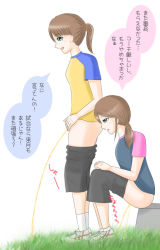 2girls black_shorts blue_shirt blush breasts brown_hair grass green_eyes grey_shirt looking_down multiple_girls ooizumi_ryou_(artist) open_mouth peeing pink_shirt ponytail shirt shoes short_sleeves shorts siblings sisters sitting small_breasts smile sneakers socks standing twins white_background white_footwear white_socks yellow_shirt rating:Explicit score:19 user:cpee
