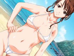  1girl beach bikini breasts brown_eyes brown_hair cameltoe cleavage cloud complets dutch_angle hand_on_own_hip kitahara_kimiko large_breasts looking_at_viewer mame mature_female mousugu_natsuyasumi! navel ocean outdoors partially_visible_vulva rock sand short_hair sky smile solo swimsuit teacher thong_bikini water 