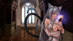  1girl animal_ears bare_shoulders breasts cat_ears cat_tail character_request cleavage_cutout clothing_cutout detached_sleeves highres indoors jakuroi large_breasts lips long_hair looking_at_viewer no_bra red_eyes revealing_clothes rinkou_no_lemuria silver_hair solo tail underboob upper_body wallpaper 