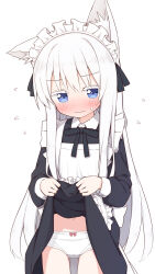  1girl animal_ear_fluff animal_ears apron ayanepuna black_bow black_dress blue_eyes bow bow_panties clothes_lift collared_dress colored_eyelashes commentary_request dress dress_lift flying_sweatdrops frilled_apron frills hair_between_eyes highres lifted_by_self long_hair long_sleeves maid maid_apron maid_headdress navel original panties puffy_long_sleeves puffy_sleeves simple_background solo underwear very_long_hair white_apron white_background white_hair white_panties 