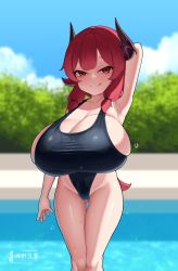  1girl absurdres arm_behind_head armpits black_one-piece_swimsuit borrowed_character breasts cleavage day gigantic_breasts gluteal_fold goat-chan_(enarane) highres horns kaedeno_yuu licking_lips long_hair one-piece_swimsuit oppai_loli original outdoors poolside red_eyes red_hair sidelocks solo standing swimsuit tail thigh_gap tongue tongue_out  rating:Questionable score:191 user:danbooru