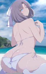  1girl absurdres ass back bare_shoulders beach bikini blue_eyes blush bow breasts butt_crack chimunge day from_behind grey_hair hair_bow highres large_breasts looking_back lowleg outdoors senran_kagura shiny_skin short_hair shoulder_blades side-tie_bikini_bottom sitting solo swimsuit wet white_bikini white_bow yumi_(senran_kagura) 