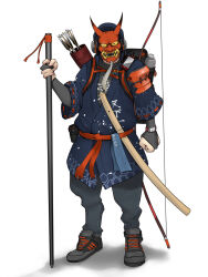  1boy anachronism armor arrow_(projectile) asha backpack bag black_bridal_gauntlets black_pants blue_kimono bottle bridal_gauntlets commentary_request full_body grey_footwear headphones highres japanese_armor japanese_clothes kimono kote looking_at_viewer male_focus mask oni_mask open_mouth original pants quiver red_sash sash shoes short_sleeves simple_background sneakers solo staff standing watch water_bottle white_background wristwatch yumi_(bow) 