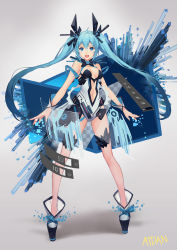  1girl adobe_photoshop atdan blue_eyes blue_hair breasts full_body hatsune_miku highres holographic_interface holographic_monitor long_hair platform_footwear solo twintails vocaloid  rating:Sensitive score:17 user:danbooru