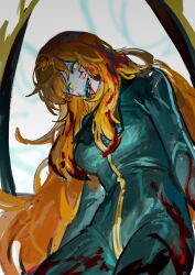  1girl blood blood_in_hair blood_on_clothes blood_on_face bodysuit e.g.o_(project_moon) glowing glowing_eyes green_bodysuit highres ishmael_(project_moon) limbus_company long_hair long_sleeves monster_girl nishikujic official_alternate_costume orange_hair project_moon signature solo white_background yellow_eyes  rating:General score:7 user:danbooru