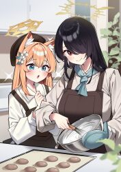  2girls :&gt; absurdres animal_ears apron beret black_apron black_hair blue_archive blue_eyes blue_neckerchief blush bowl closed_mouth collared_shirt commentary_request fox_ears fox_girl hair_between_eyes hair_over_one_eye halo hat highres hinata_(blue_archive) holding holding_bowl holding_whisk indoors kitchen long_hair long_sleeves looking_at_another looking_at_object mari_(blue_archive) mixing mixing_bowl multiple_girls muo_(muojjang_0929) neckerchief open_mouth orange_hair puffy_long_sleeves puffy_sleeves red_eyes shirt sparkle upper_body whisk white_shirt yellow_halo 
