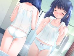 1girl akihime_saya ass back bed blue_hair blush bow bow_panties camisole closed_eyes covered_erect_nipples csy curtains dutch_angle embarrassed flat_chest from_behind frown game_cg indoors infirmary lace lingerie loli mirror nipples panties pink_no_ayumi! reflection see-through short_hair solo standing sweatdrop thigh_gap underwear underwear_only white_panties rating:Questionable score:37 user:danbooru