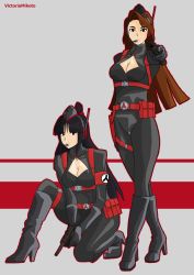  2girls absurdres ace_attorney black_hair bodysuit brown_eyes brown_hair capcom cleavage_cutout clothing_cutout corruption empty_eyes gloves gun harness hat highres maya_fey mia_fey mind_control multiple_girls self-upload victoria_mikoto weapon  rating:Sensitive score:7 user:victoriamikoto