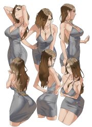  1girl absurdres armpits arms_behind_head arms_under_breasts ass bare_shoulders bent_over breasts brown_hair cleavage collarbone commentary dress green_eyes grey_dress hands_on_own_hips highres large_breasts leaning_forward long_hair multiple_views original parted_lips pencil_dress simple_background smile tbocart teeth white_background  rating:Sensitive score:10 user:danbooru