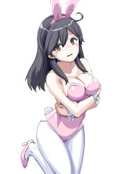  1girl 30-06 ahoge animal_ears bare_shoulders black_hair blush breasts brown_eyes covered_navel crossed_arms embarrassed fake_animal_ears highres kantai_collection large_breasts leotard long_hair looking_at_viewer open_mouth pantyhose pink_leotard playboy_bunny rabbit_ears rabbit_tail solo standing standing_on_one_leg strapless strapless_leotard tail ushio_(kancolle) white_background white_pantyhose wrist_cuffs 
