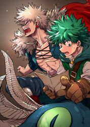  2boys 2nd_popularity_poll_(boku_no_hero_academia) abs adam&#039;s_apple alternate_eye_color alternate_universe aqua_cape bakugou_katsuki belt belt_buckle blonde_hair blue_jacket blue_pants boku_no_hero_academia boots brown_background brown_belt buckle cape chiyaya collarbone cropped_jacket cross-laced_clothes cross-laced_top fantasy floating_cape freckles fur-trimmed_cape fur_trim gradient_background green_eyes green_hair green_pupils green_vest grey_shirt hair_between_eyes highres holding holding_map horns jacket jewelry knee_boots knee_up long_neck long_sleeves looking_to_the_side male_focus map midoriya_izuku multiple_boys multiple_horns necklace no_shirt official_alternate_costume open_mouth orange_eyes pants pointing pointing_to_the_side profile red_cape sanpaku shirt short_hair shoulder_belt side-by-side sideways_glance sideways_mouth sitting sleeves_past_elbows spiked_hair sweatdrop toned toned_male tooth_earrings tooth_necklace upper_body vest yellow_brooch 