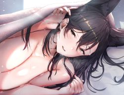 1girl :d animal_ears atago_(azur_lane) azur_lane black_hair blush breasts brown_eyes cleavage collarbone extra_ears half-closed_eyes highres large_breasts long_hair looking_at_viewer mappaninatta mole mole_under_eye nude open_mouth smile solo sweat swept_bangs under_covers rating:Questionable score:51 user:danbooru
