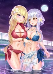  2girls arm_around_waist arm_at_side assault_lily bangle bare_arms bare_shoulders bikini blonde_hair blue_bikini blue_choker blunt_bangs blunt_ends blush bracelet braid braided_ponytail breasts choker cleavage collarbone commentary_request cowboy_shot eye_contact flower frilled_sarong frills full_moon grey_hair hair_bun hair_flower hair_ornament halterneck hand_on_another&#039;s_stomach hand_on_another&#039;s_waist hands_up highres imai_tomohiro jewelry kon_kanaho large_breasts long_hair looking_at_another looking_to_the_side low_ponytail miyagawa_takane moon multiple_girls navel necklace night night_sky official_alternate_costume official_alternate_hairstyle outdoors pearl_bracelet pearl_hair_ornament pendant pool purple_eyes red_bikini ring sarong see-through see-through_sarong side-by-side side-tie_bikini_bottom side_ponytail sidelocks sideways_glance single_braid single_hair_bun sky smile sparkle standing star_(sky) stomach swimsuit very_long_hair wading water wet white_flower white_sarong yellow_eyes yuri 